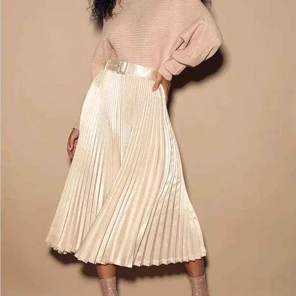 Audrey Hepburn Moon River Cream Satin Pleated Belted Midi Skirt - Picture 14 of 14